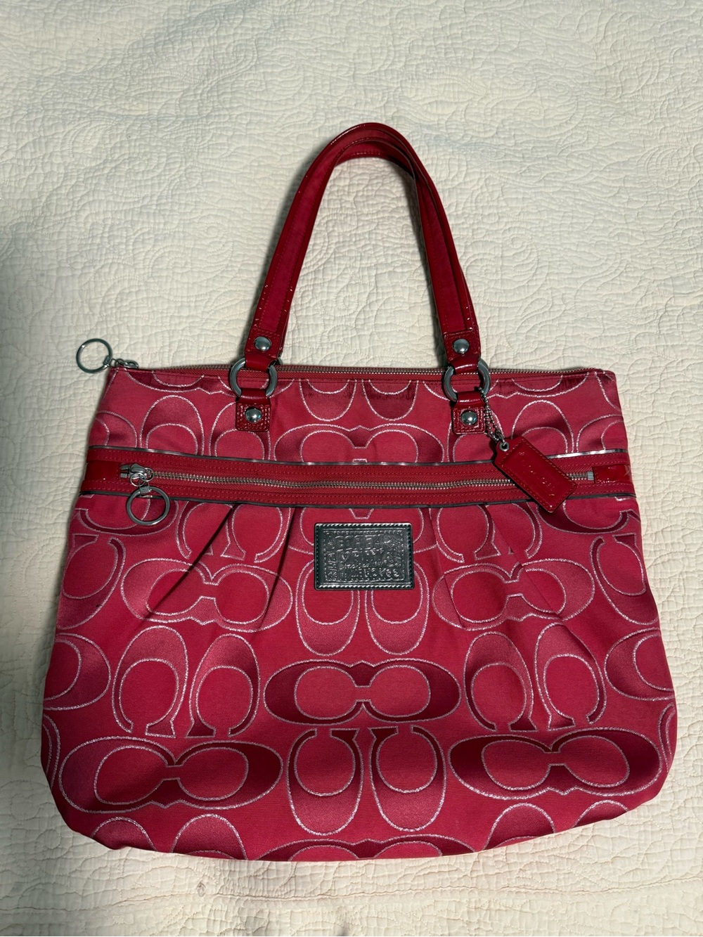 Coach Poppy Red Signature Shoulder Tote with silver tone Hardware!